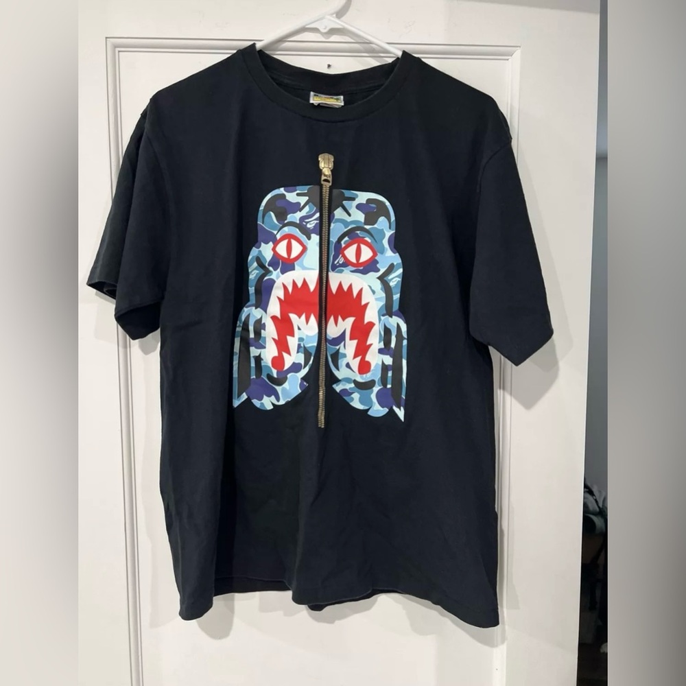 BAPE Blue Camo Shark Zipper T-Shirt Size L Large